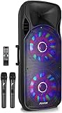 Fenton FT215LED Partybox Bluetooth Lautsprecher Groß mit 1600 Watt LED Doppel-Tieftöner, Musikbox, USB, SD, MP3, AUX-In, Fernbedienung, Karaoke Anlage mit 2 Mikrofone
