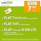Handytarif winSIM z.B. LTE All 8 GB – (Flat Internet 8 GB LTE, Flat Telefonie, Flat SMS und Flat EU-Ausland, 7,99 Euro/Monat, monatlich kündbar) oder andere Tarife