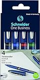 Schneider 183094 One Business Tintenroller (dokumentenecht, Strichstärke 0,6 mm, Made in Germany) 4er Pack (schwarz, blau, rot, grün)