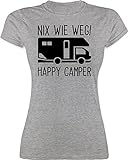 Urlaub Damen - Nix wie Weg - Happy Camper schwarz - S - Grau meliert - Happy Camper - L191 - Tailliertes Tshirt für Damen und Frauen T-Shirt