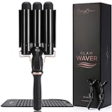3 Barrel Curling Iron, Triple Hair Waver & Crimper Wand for Beach Waves, Ceramic Tourmaline with Adjustable Temperature - Glam Waver, Black