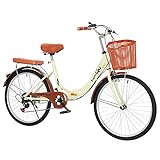 24 Zoll Mädchenfahrrad Premium City Bike Fahrrad für Mädchen Jungen Herren und Damen-6Gang-Schaltung-fahrrad Citybike Faltrad-Klapprad,Seat Handle Height Adjustable,Geeignete Höhe:155-185 cm/beige