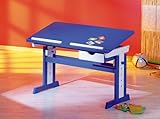 Schreibtisch mit höhenverstellbarer Kippplatte weiß blau in Kiefer massiv und MDF