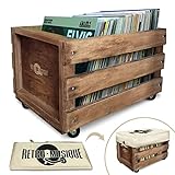 Retro Musique Schallplatten-Aufbewahrungsbox aus Holz, für bis zu 100 Alben (in PVC-Hüllen) mit Sackleinen-Einband (Eichen-Finish)