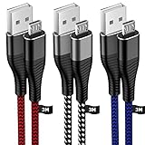 Micro USB Kabel 3M 3Stk, HUYYN 2.4A Handy Schnellladekabel Nylon Geflochtenes Extra langes Micro USB Ladekabel für Android Smartphones, PS4/PS4 Pro/PS4 Slim/Xbox One Controller, Kindle Fire