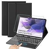 Sross-TEC Tastatur Hülle Kompatibel mit Samsung Galaxy Tab S7 FE & Tab S7+/Tab S7 Plus, QWERTZ Kabellose Beleuchtete Bluetooth Samsung Galaxy Tab S7 FE 12.4 Zoll 2021 Tastatur mit Panzerglas,Schwarz