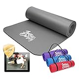 Jung & Durstig Original Yogamatte mit Tragegurt | Gymnastikmatte inklusive Übungen | Sportmatte mit Ebook Workout | Fitnessmatte rutschfest | 180 x 60 x 1 cm | Grau