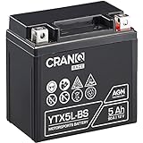 CranQ YTX5L-BS Motorradbatterie 12V 5Ah 90A AGM-Batterie rüttelfest Roller Starterbatterie leistungsstark, wartungsfrei