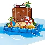 LIMAH® Pop-Up 3D Reisekarte/ Gutscheinkarte für Urlaub, Reise, Ausflug/ als Reisegutschein, Geschenk oder Geschenkkarte /Reisekoffer am Strand-Motiv/in Blau