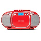MEDION E66476 Stereo Sound System (Boombox, CD-Player, MP3, Kassette, tragbarer Kassettenspieler für Kinder, UKW Radio, AUX, Kopfhörer, Netz & Batterie) rot